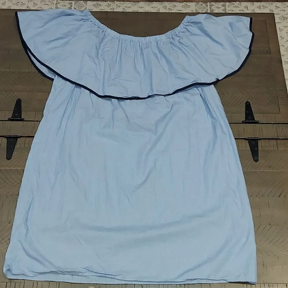 J. Crew Light Blue Chambray Ruffle Off Shoulder Dress Sz S